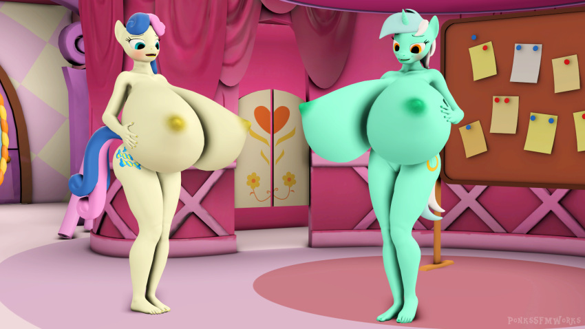 16:9 3d anthro big_breasts blush bonbon_(mlp) breasts duo equid female friendship_is_magic furry genitals hi_res holding_breast horn huge_breasts hyper hyper_breasts lyra_heartstrings_(mlp) mammal my_little_pony nipples nude pinkierawr pussy unicorn widescreen