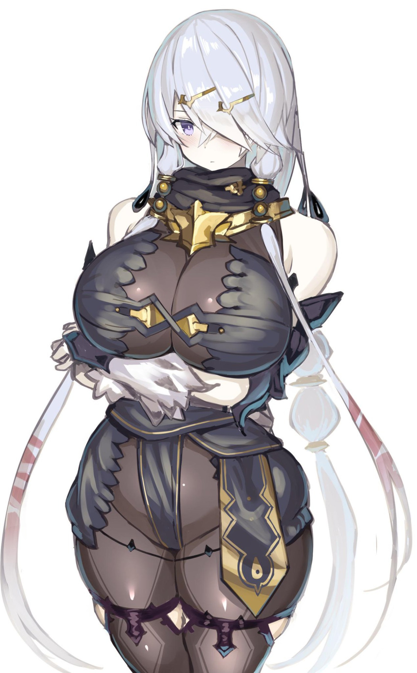 arms_crossed arms_under_breasts atelier_ryza big_breasts curvy greatmosu hair_ornament hair_over_one_eye hairclip huge_breasts lila_decyrus pale-skinned_female pale_skin purple_eyes silver_hair thick_thighs thigh_strap wide_hips