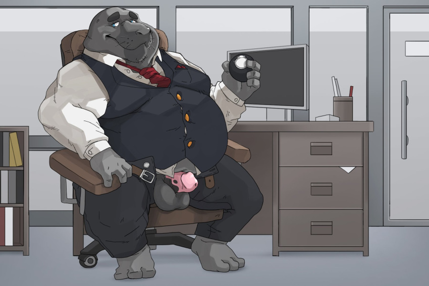 2020 3:2 anthro balls black_body bluewhale127 chair clothing detailed_background furniture genitals hi_res humanoid_hands inside kemono male male_only necktie overweight overweight_anthro overweight_male penis shirt sitting solo topwear