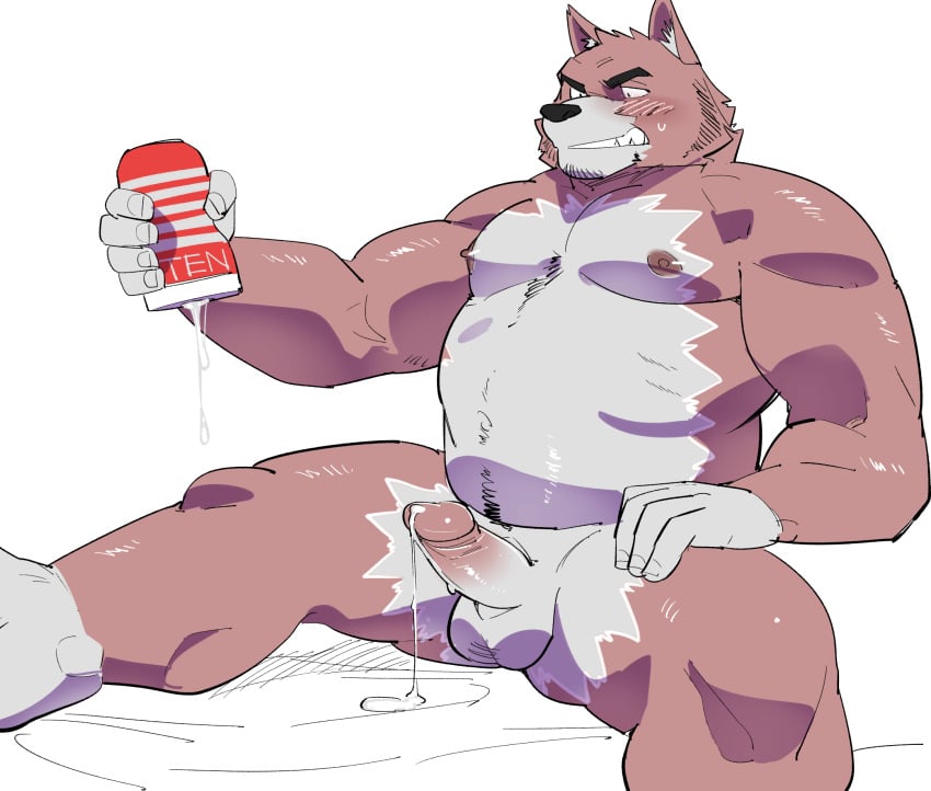 2023 after_masturbation anthro balls blush brown_body canid canine canis domestic_dog erection genitals hi_res kemono male mammal musclegut penis sex_toy sitting slightly_chubby sole_male solo solo_male tenga ujishiyo