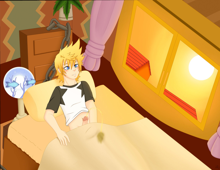 bed bedwetting blonde_hair blue_eyes clothing fetish human kingdom_hearts light-skinned_male light_skin male male_focus peeing penis roxas roxasnuggets13 sheets solo_male twilight_town