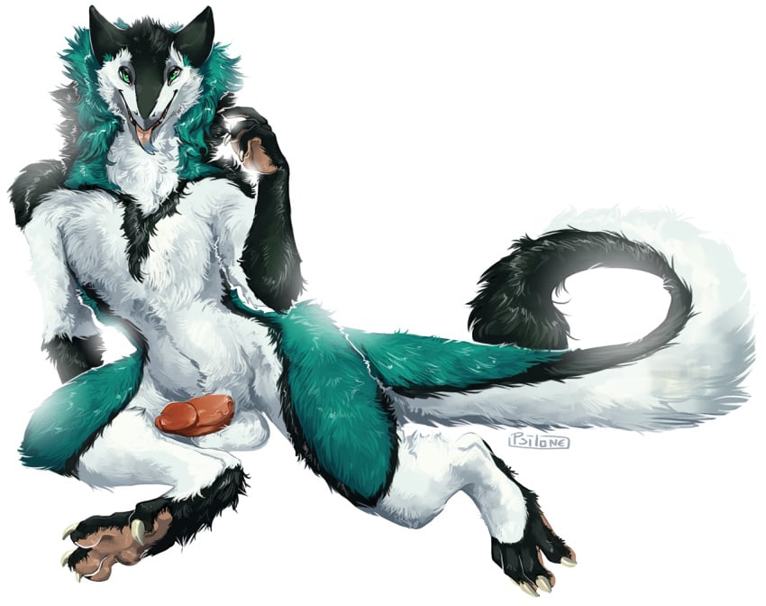 2020 anthro arden_(shadowsedge) balls claws digitigrade erection fur genitals hair humanoid_genitalia humanoid_penis i-psilone looking_at_viewer male male_only mammal nude pawpads paws penis pinup pose presenting sergal solo tongue