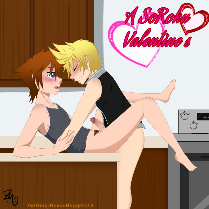 2boys anal gay half-dressed kingdom_hearts kitchen male/male male_only missionary_position on_table roxas roxasnuggets13 sora_(kingdom_hearts) soroku valentine's_day