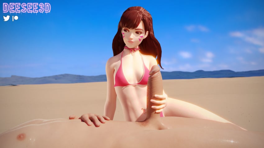 1boy 1boy1girl 1girls 3d beach big_penis bikini bikini_bottom bikini_top blizzard_entertainment brown_eyes brown_hair d.va deesee3d female grabbing_penis handjob jerking masturbating masturbation ocean overwatch pink_bikini pink_bikini_bottom pink_bikini_top sand small_breasts smaller_female