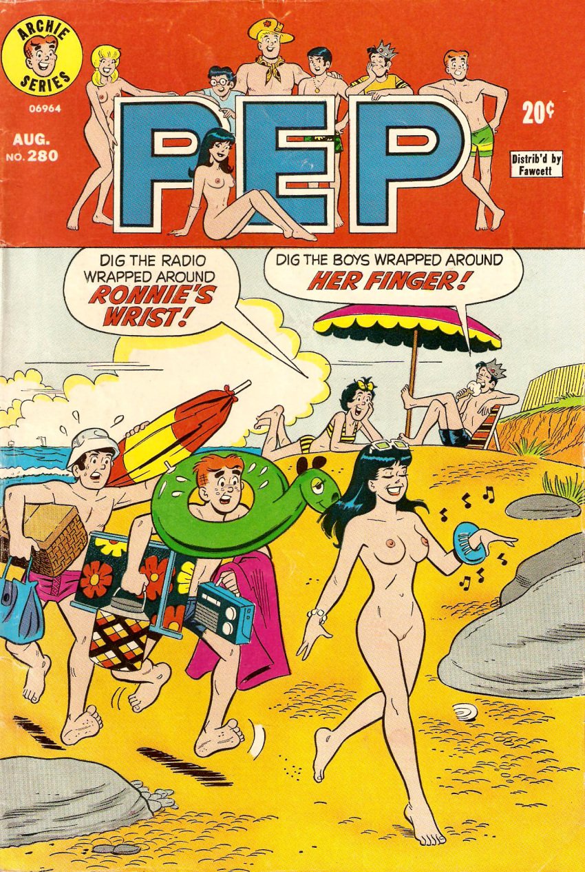 archie_andrews archie_comics beach_umbrella betty_and_veronica beverage_cooler bikini bracelet casual clothed_male comic_cover erect_nipples ethel_muggs female human jughead_jones male moriartyhide nude_female nudist pale_skin picnic_basket public radio reggie_mantle shirtless sunglasses_on_head swimming_float tagme tote_bag veronica_lodge