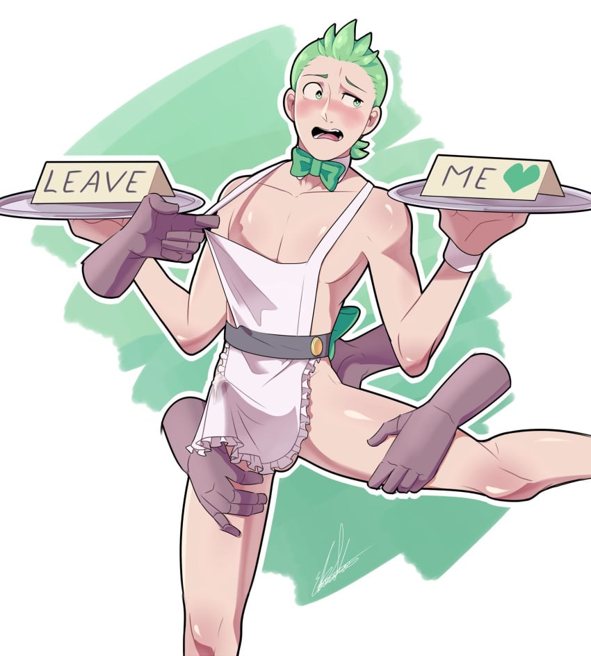 1boy apron apron_only armpitsblush choker cilan_(pokemon) dark_skin disembodied_hands edd_layerex embarrassed gay green_eyes green_hair groping heart holding human interracial legs_apart legs_held_open looking_away maid mostly_nude naked_apron nintendo plate pokemon pokemon_bw ribbon sign text watermark yaoi