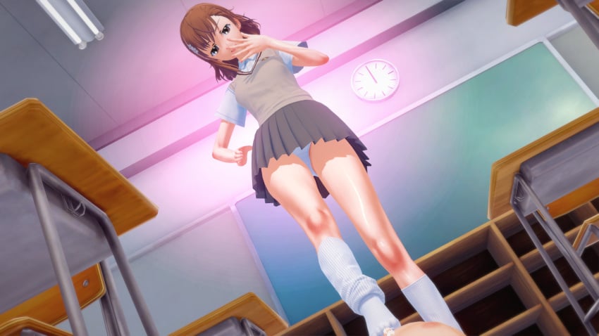 1boy 1boy1girl 1girls 3d 3d_(artwork) brown_hair classroom clothed_female clothed_female_nude_male clothing cum ejaculation female footjob footjob_with_legwear footwear humiliation kneehighs koikatsu looking_at_viewer loose_socks male misaka_mikoto panties pantyshot pantyshot_(standing) penis pleated_skirt pov school_uniform schoolgirl short_hair skirt small_penis small_penis_humiliation smiling smiling_at_viewer sockjob socks stepped_on to_aru_kagaku_no_railgun to_aru_majutsu_no_index touma_kamijou upskirt white_panties white_socks xixipapa