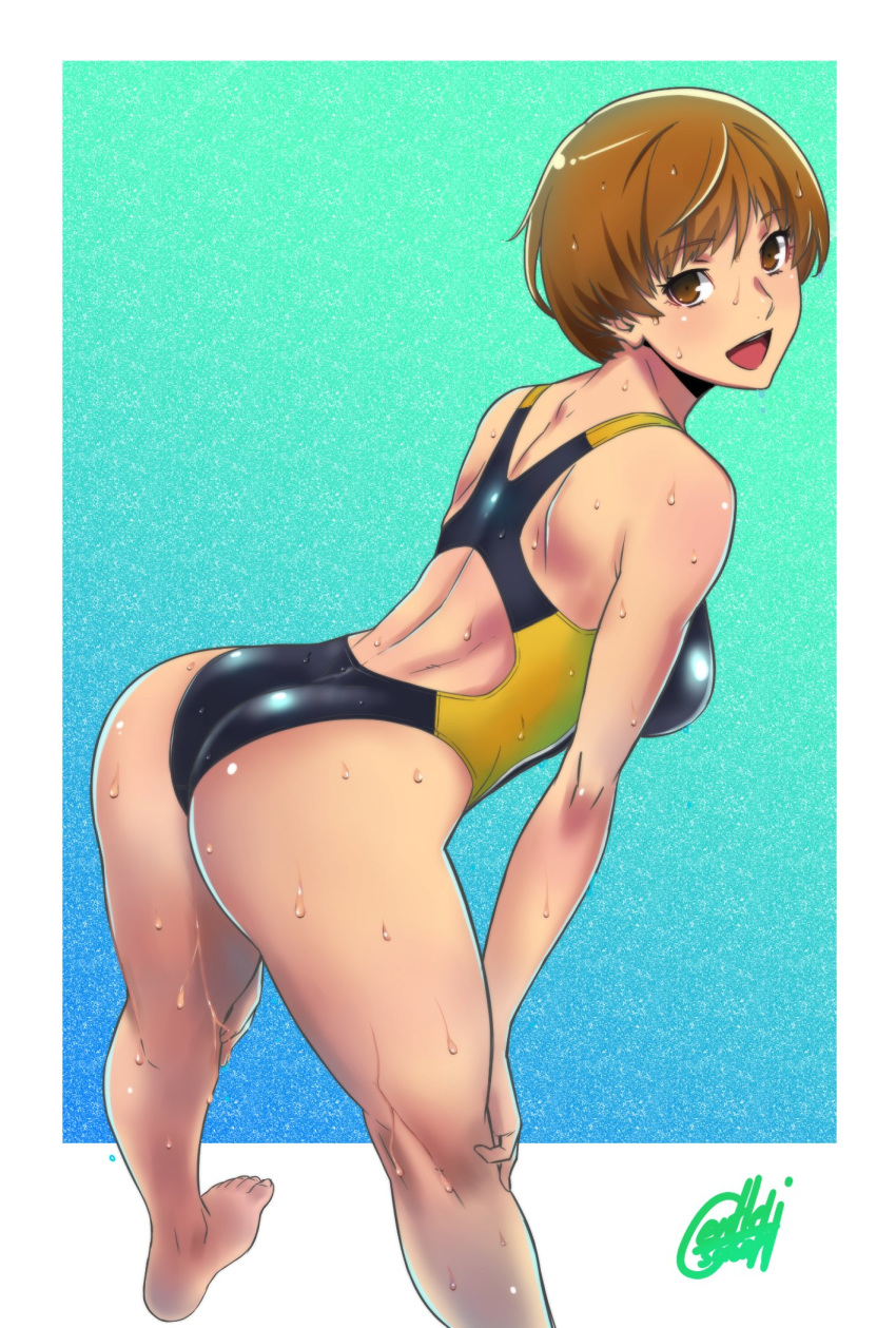 1girls ass atlus bending_over brown_hair gentle_sasaki leaning_forward one-piece_swimsuit persona persona_4 satonaka_chie short_hair smile solo swimsuit tomboy very_short_hair wet