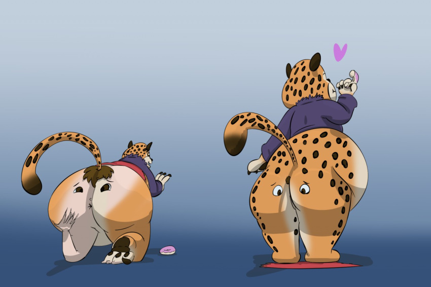 anthro anus ass benjamin_clawhauser big_belly blue_background brown_eyes butt_transformation cheetah claws clothing disney doughnut felid feline food heart human male male_only mammal overweight pawpads purplethecharmander simple_background spots tail toe_claws transformation udtf what zootopia