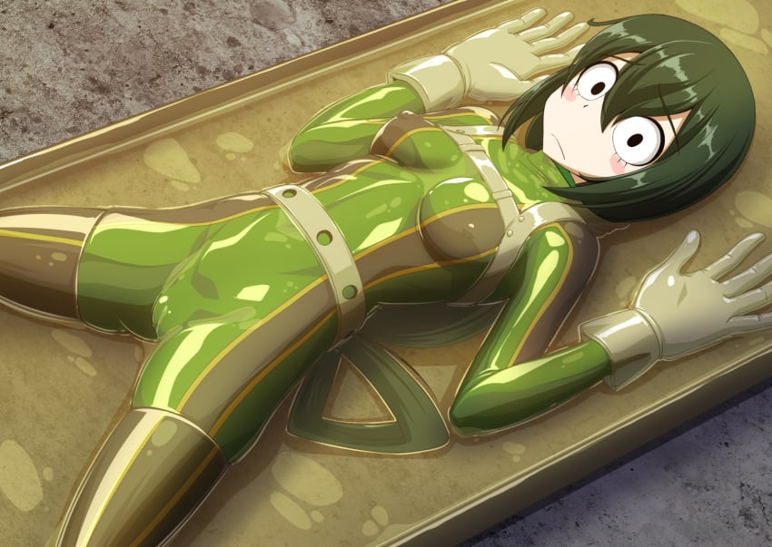 1girls black_eyes bodysuit bondage bound female female_focus female_only femsub gloves green_bodysuit green_hair hero_outfit_(mha) latex my_hero_academia png restrained solo stationary_restraints tamakko tsuyu_asui vacuum_bed