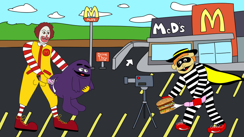 3boys big_penis camera carpark cum cum_in_pussy cumshot drive_thru gay grimace_(mcdonald's) grover hamburger hamburglar height_difference male mcdonald's penis ronald_mcdonald vaginal_penetration