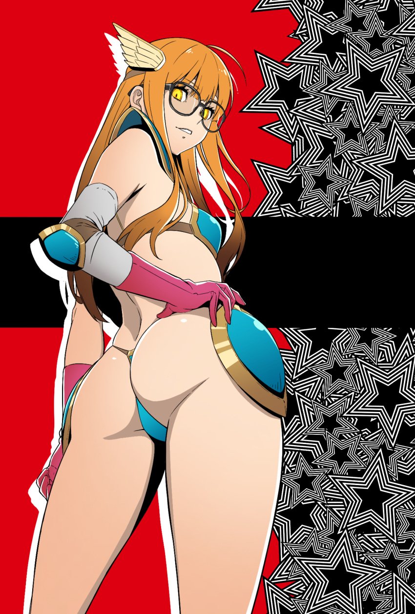 1girls ass atlus bikini gentle_sasaki glasses long_hair orange_hair persona persona_5 sakura_futaba shadow_futaba shadow_self_(persona) solo standing thong_bikini