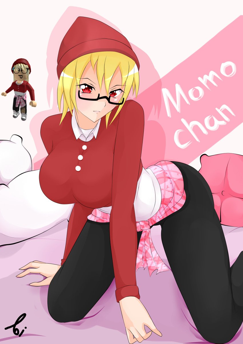 1girls angry aoitamon artist_signature beanie bed bed_sheet bent_over big_breasts black_glasses black_legwear black_pants blonde_hair breasts buttons clothed clothed_female clothing collared_shirt crop_top female female_only glasses hat legwear long_sleeves looking_at_viewer medium_hair momo_(aoitamon) on_knees original_character pale-skinned_female pale_skin pants pillow pillows pink_shirt red_beanie red_eyes red_hat red_shirt red_sleeves roblox roblox_avatar short_hair shorts skirt sleeves solo solo_female tied_shirt white_shirt yellow_hair