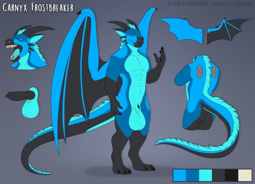 animal_genitalia anthro ass balls big_balls blue_body dragon erection fully_sheathed genitals horn knot male masonparker model_sheet muscular nude open_mouth sharp_teeth sheath smile solo teeth wings