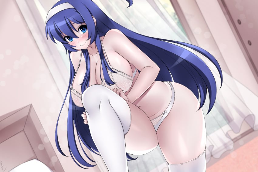 ahoge blue_eyes blue_hair blush breasts cleavage female female_only headband indoors knee_socks large_breasts lindaroze long_hair orie_ballardiae panties smile solo solo_focus thick_thighs under_night_in-birth underwear white_bra white_panties