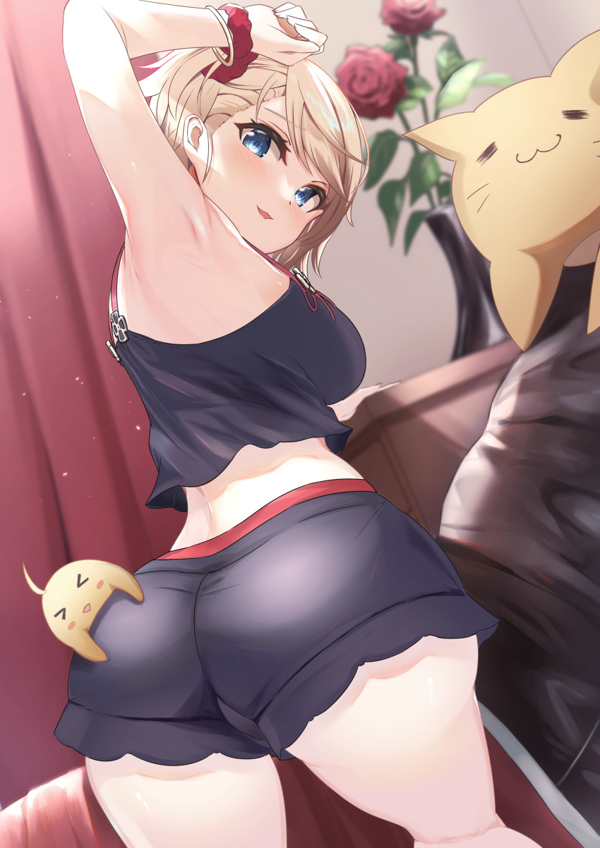 1girls absurdres arm_up armpits ass azur_lane bangs bed bed_sheet bird blurry bracelet brown_hair chick cross curtains depth_of_field eyebrows_visible_through_hair female flower from_behind grey_eyes head_tilt highres iron_blood_(azur_lane) iron_cross jewelry light-skinned_female light_skin looking_at_viewer looking_back manjuu_(azur_lane) official_alternate_costume pajamas parted_lips puripuri red_flower red_rose rose short_hair sidelocks smile solo spaghetti_strap stuffed_animal stuffed_cat stuffed_toy twisted_torso wrist_cuffs z23_(azur_lane) z23_(keeper_of_the_comf-fort)_(azur_lane)