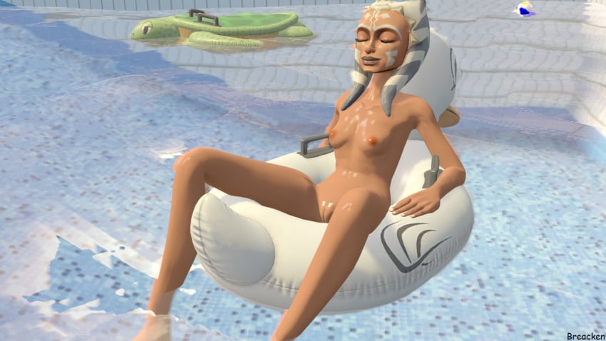 1girls 3d ahsoka_tano beach_ball breacken_(artist) clone_wars duck female female_focus female_only floatie floating hi_res nude pool relaxing solo source_filmmaker star_wars togruta turtle water watermark wet