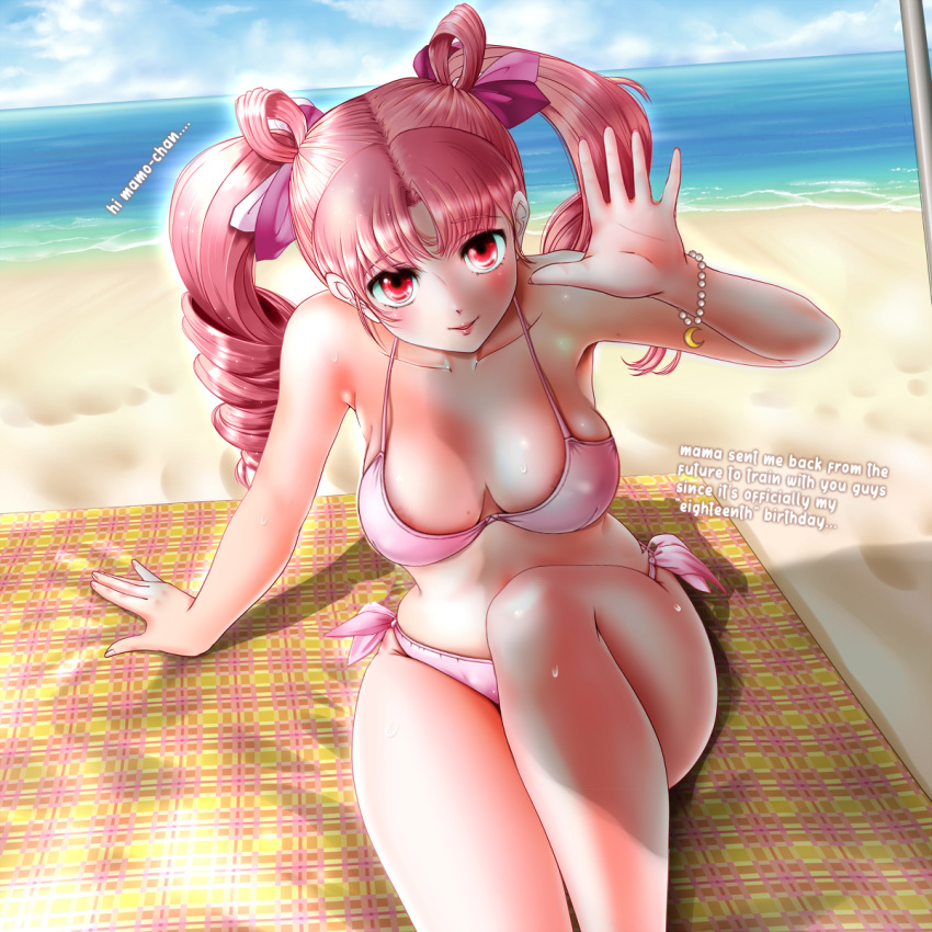 1girls areola_slip areolae beach beach_towel big_breasts bikini bishoujo_senshi_sailor_moon blush bracelet breasts chibi_usa cleavage dialogue edit english_text erect_nipples erection_under_clothes female female_only hairbow jewelry large_breasts legs lipstick miharin mostly_nude nipples outdoors pink_clothing pink_hair puffy_nipples red_eyes shiny_skin shounen_jump skin small_breasts smile solo string_bikini summer sweat swimsuit text thighs twintails umbrella