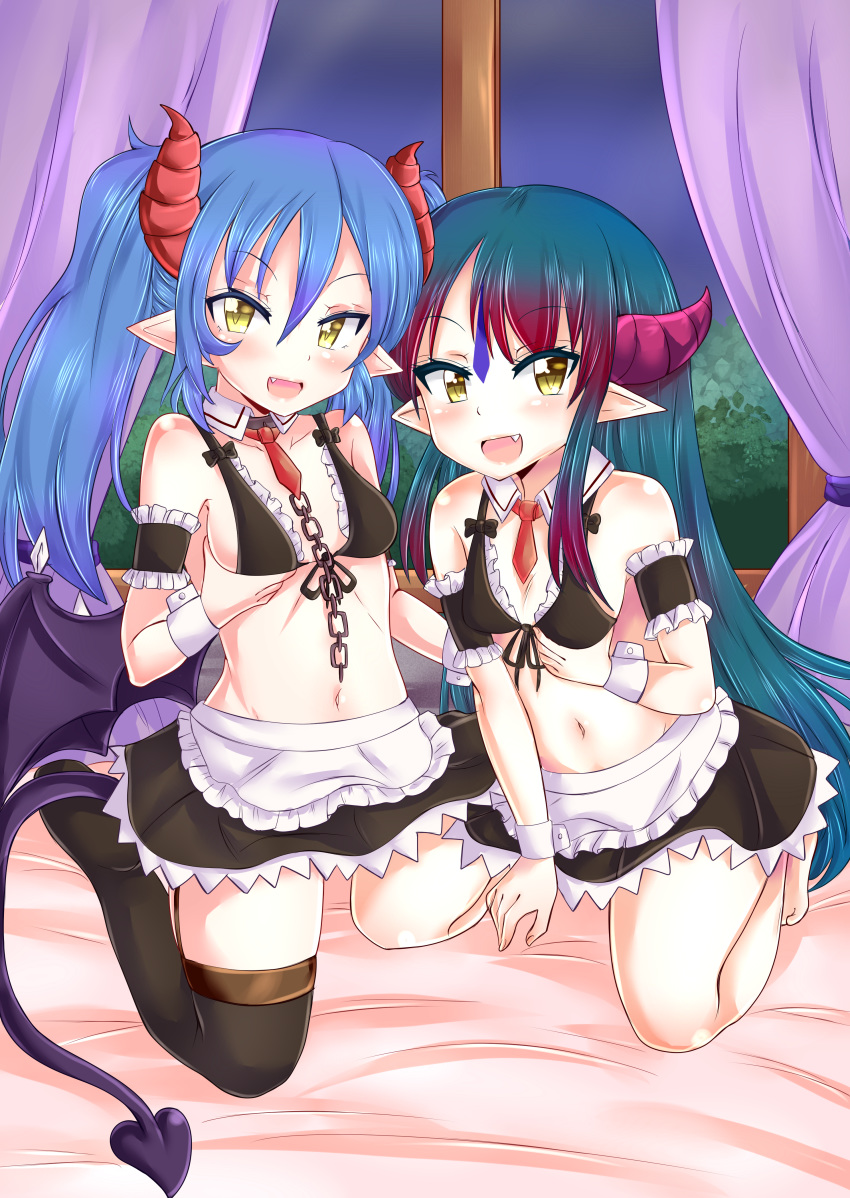 2girls blue_hair chains clothing collar demon_girl demon_horns demon_tail demon_wings horns maid multiple_girls original seryuu skirt stockings unholysoul venus_blood yellow_eyes yorumu_(venus_blood)