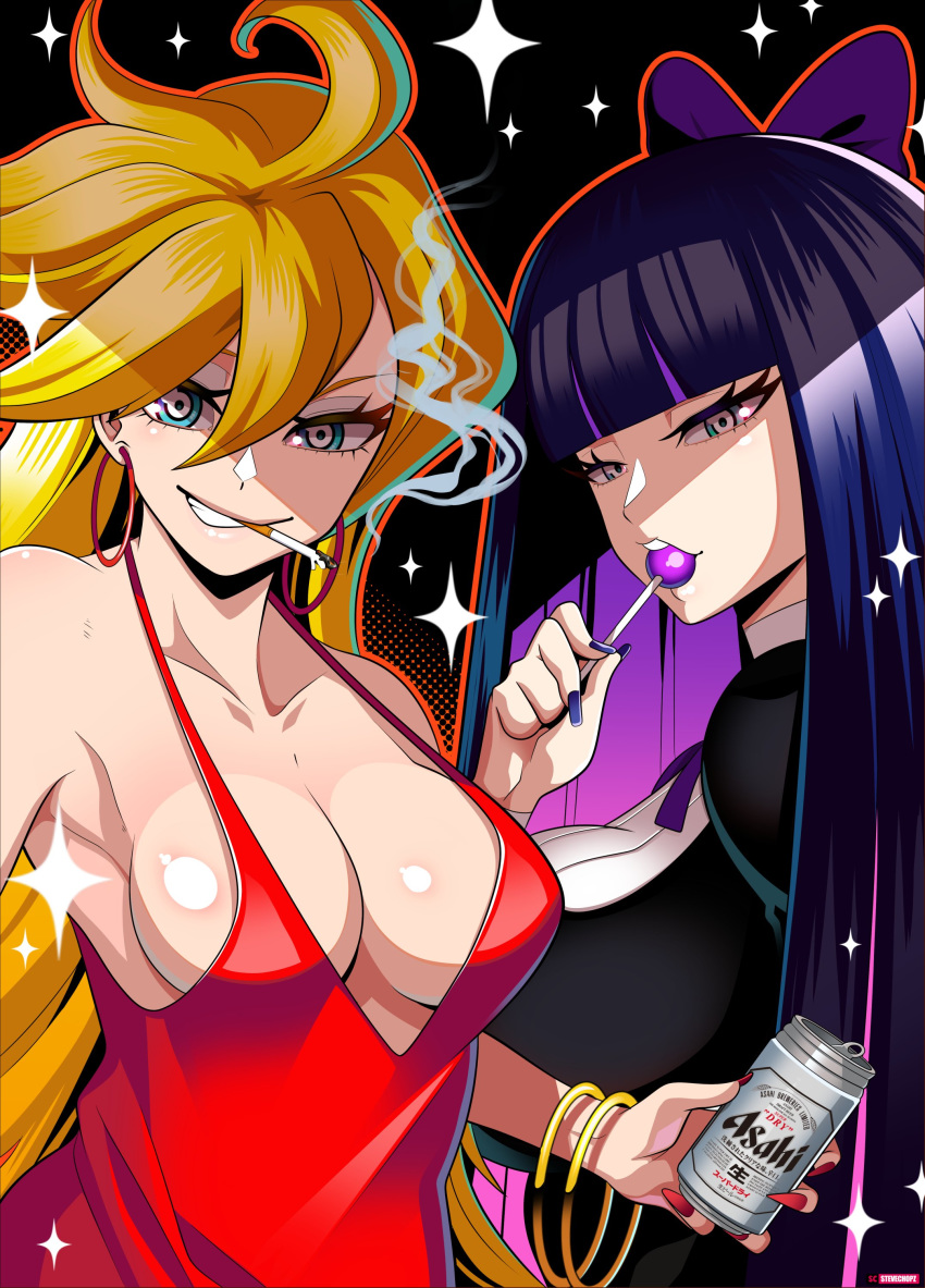 2girls asahi_breweries beer_can big_breasts breasts cigarette cleavage dress female female_only goth huge_breasts large_breasts lollipop panty_&_stocking_with_garterbelt panty_anarchy smoking stevechopz stocking_anarchy upper_body