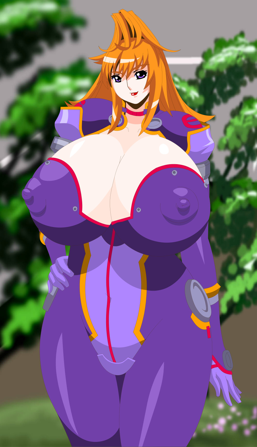 1girls absurd_res big_breasts blurry blurry_background bodysuit breasts choker cleavage curvy diva_mizuki erect_nipples erect_nipples_under_clothes female female_only gloves gravion hands_on_hips high_ponytail high_resolution highres huge_breasts jyubei lips long_hair looking_at_viewer navel nipples ponytail smile standing stitched tachibana_mizuki thick_thighs thighs third-party_edit wide_hips