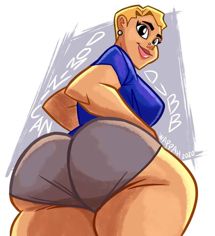 ass big_ass big_breasts big_lips black_eyes blonde_hair blonde_hair breasts dubb earrings female half-dressed looking_at_viewer nose_piercing short_hair t-shirt thick_ass underwear wappah