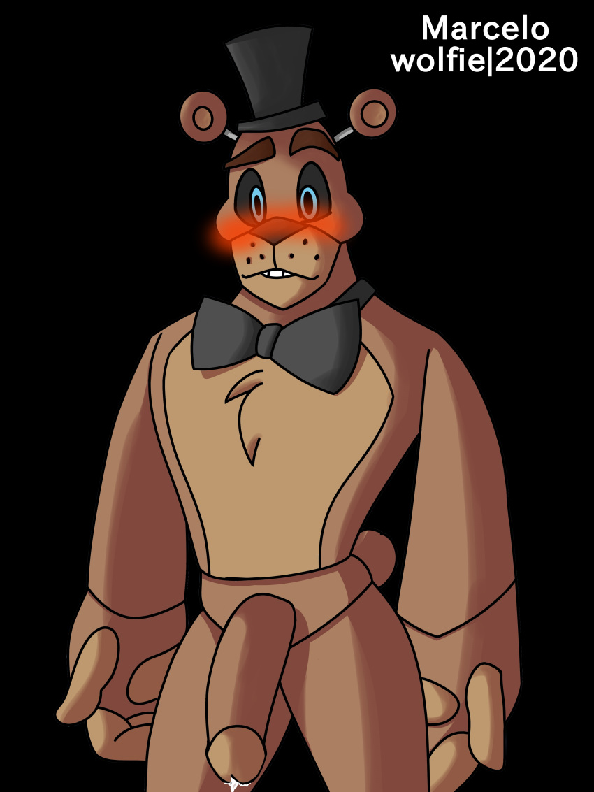 3:4 absurd_res animatronic anthro bear_tail big_hands big_penis black_eyes black_nose blue_eyes blushed bodily_fluids brown_bear brown_body brown_fur brown_penis brown_tail clothing confusion cum drawing ears_up ejaculation eyebrows five_nights_at_freddy's freddy_(fnaf) fur genital_fluids genitals hat headgear headwear hi_res long_penis machine male male_only mammal marcelo_wolfy penis robot solo thick_eyebrows thick_penis ursid ursine video_games