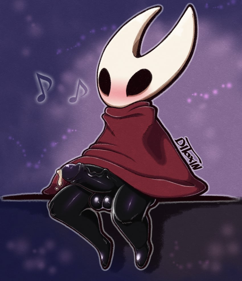 blush cape cloak clothed clothing cum ditoxin genderbend genderswap genderswap_(ftm) hollow_knight hornet_(hollow_knight) insect male male_only monster penis precum red_cape rule_63 sitting solo solo_focus