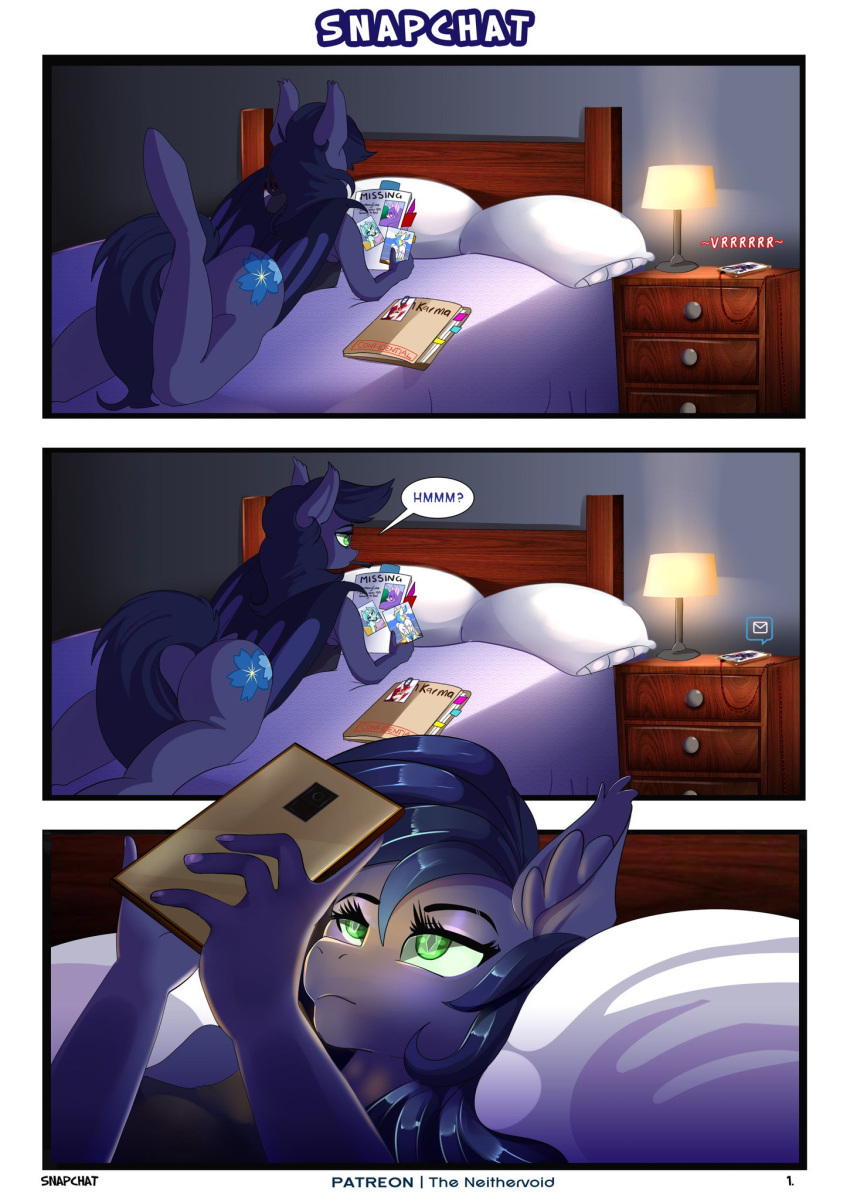 1girls anthro anthrofied bat_pony bat_wings bed bedroom cellphone comic english_text eyelashes fan_character female female_only furry green_eyes halfmoon_(oc) membranous_wings my_little_pony on_back slit_pupils solo text theneithervoid wings