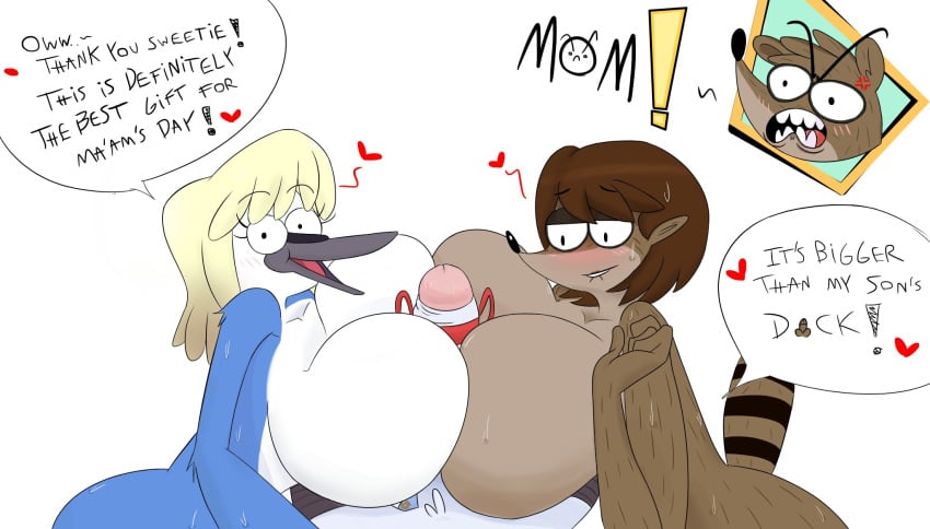 anthro barbera_(regular_show) big_breasts big_penis blush cheating cuckold dialogue diaslev_(artist) female ffm_threesome hilary_(regular_show) huge_breasts incest milf mordecai mordecai's_mom mother mother_and_son motherly_cuckold paizuri penis_between_breasts regular_show rigby rigby's_mom rigby_(regular_show) son threesome viciodamp