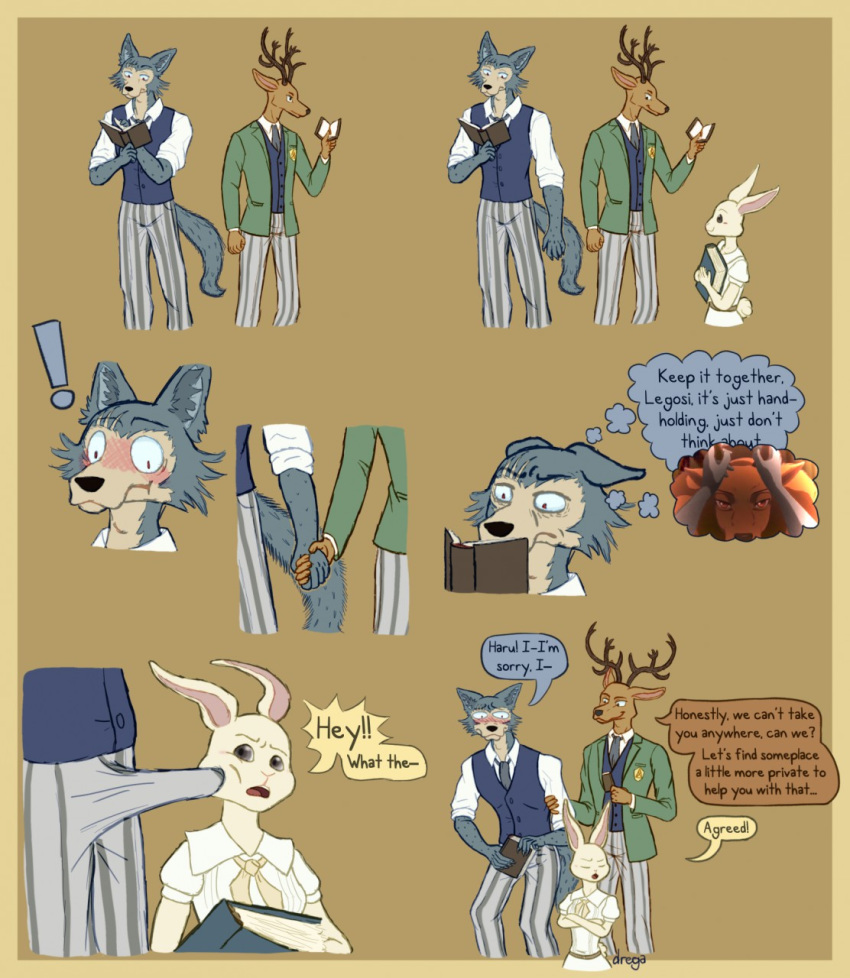 anthro anthro_on_anthro antlers beastars book brown_body brown_fur canid canine canis cervid cervine clothed clothing dialogue domestic_rabbit dregadude english_text erection erection_under_clothing female fur grey_body grey_fur group hand_holding haru_(beastars) hi_res horn humor interspecies lagomorph legoshi_(beastars) leporid louis_(beastars) male male/male mammal oryctolagus rabbit reading red_deer school_uniform straight text uniform white_body white_fur wolf