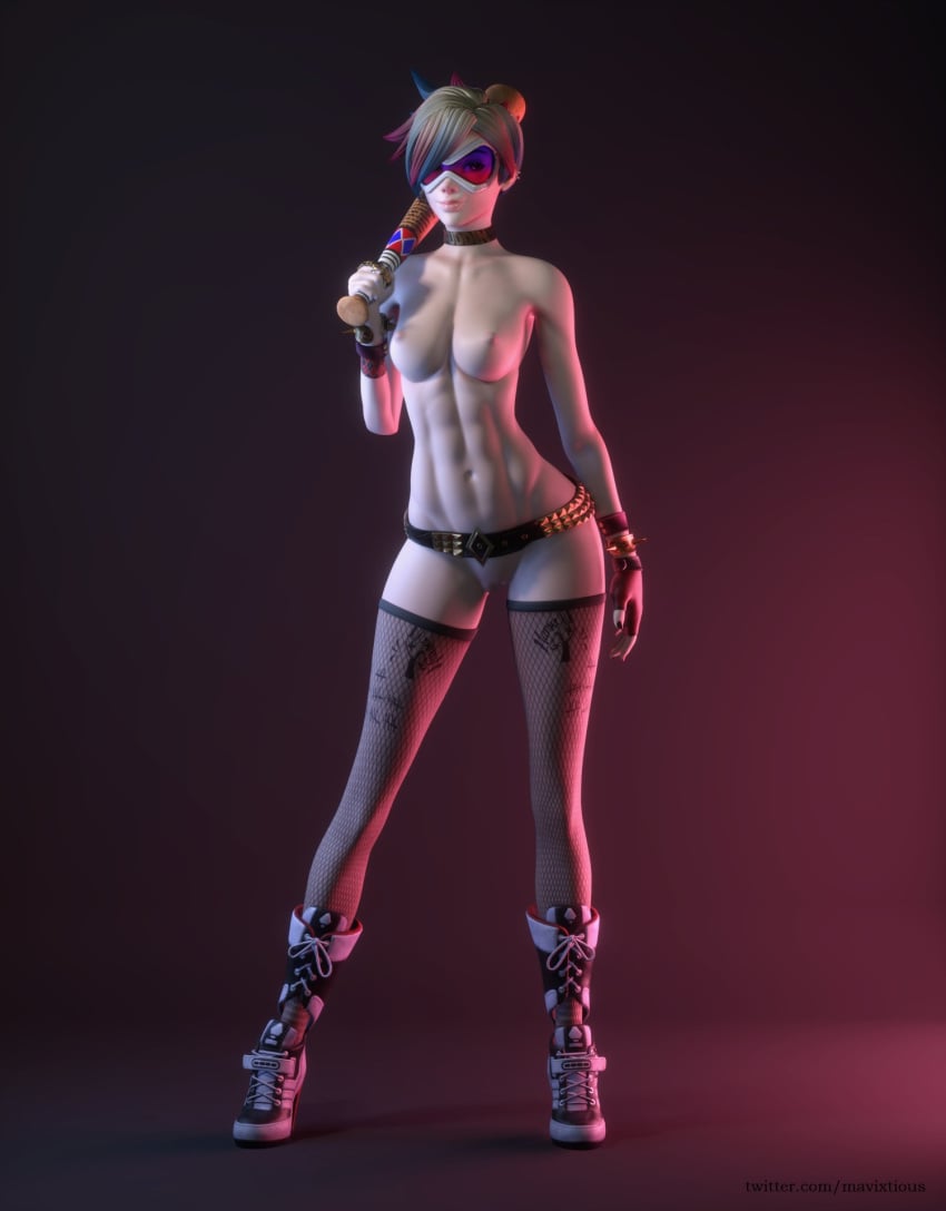 1girls 3d abs adapted_costume areolae baseball_bat batman_(series) belt blender bottomless breasts choker cosplay dc dc_comics female female_only functionally_nude gloves goggles harley_quinn_(cosplay) mavixtious mostly_nude nipples overwatch purple-tinted_eyewear pussy shoes solo suicide_squad suicide_squad_(2016) tactical_nudity tinted_eyewear topless tracer visor