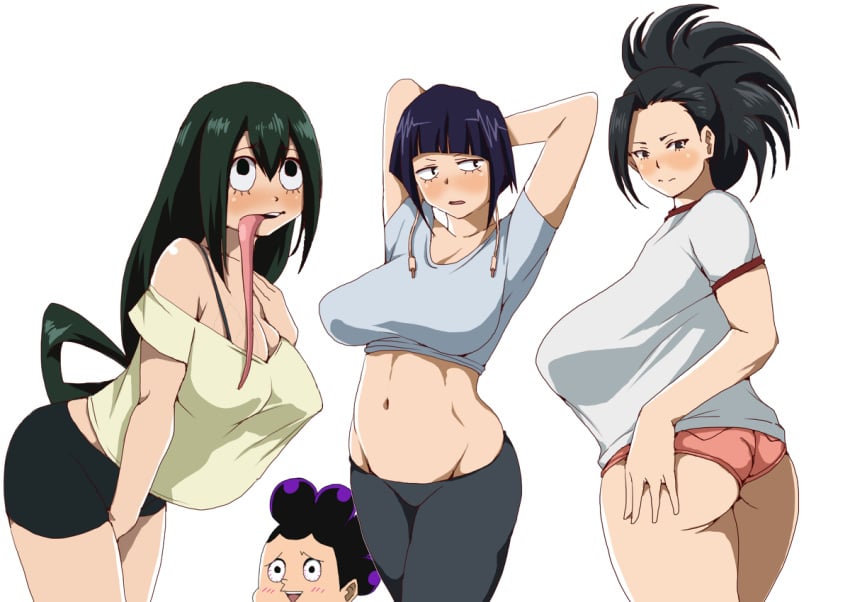 1boy 3girls alternate_breast_size ass black_hair earlobe_jacks earlobes follow green_hair huge_breasts kyoka_jiro long_tongue minoru_mineta momo_yaoyorozu my_hero_academia purple_hair shirt_lift tsuyu_asui