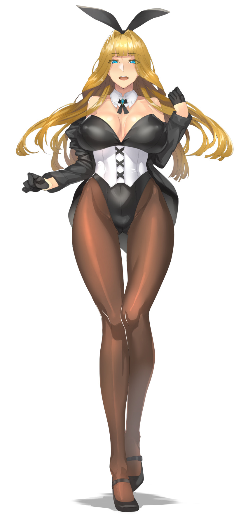 :d animal_ears black_gloves black_legwear blonde_hair blue_eyes breasts bunny_ears bunny_girl bunnysuit cleavage corset damegane detached_collar erect_nipples erect_nipples_under_clothes fake_animal_ears female full_body gloves high_resolution huge_breasts lingerie long_hair looking_at_viewer nipples open_mouth original pantyhose simple_background smile solo teeth underwear very_high_resolution victoria_(damegane) white_background