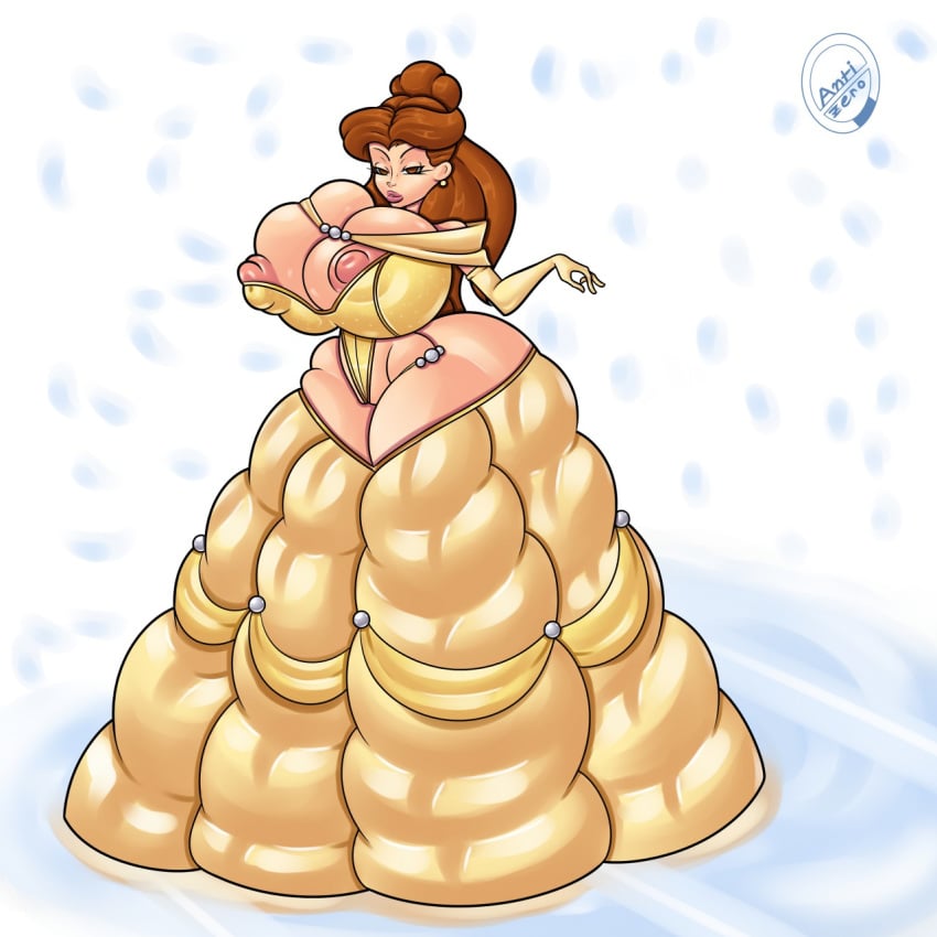 1girls antizero ball_gown beauty_and_the_beast belle bimbo breasts brown_eyes brown_hair disney disney_princess dress elbow_gloves exposed_breasts female gloves huge_breasts nipples solo solo_female