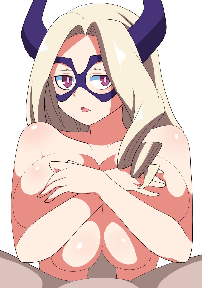 1girls big_breasts blonde_hair chelsea_cola female horns long_hair looking_at_viewer male mask mature_female mount_lady my_hero_academia nipples paizuri straight yuu_takeyama