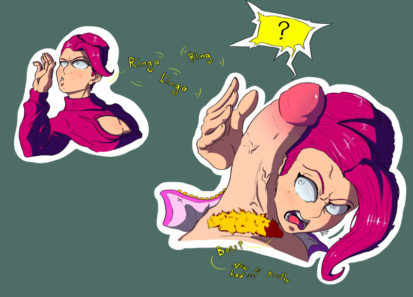 2018 2boys ? absurd_res artist_name doppios_sweater dual_persona english_text freckles giorno_giovanna glans highres jojo's_bizarre_adventure male male_only open_clothes open_mouth open_pants penis pink_hair pubic_hair short_hair simple_background speeddrop sweat talking teeth text tongue turtleneck unzipped vein veins veiny_penis vento_aureo vinegar_doppio yaoi