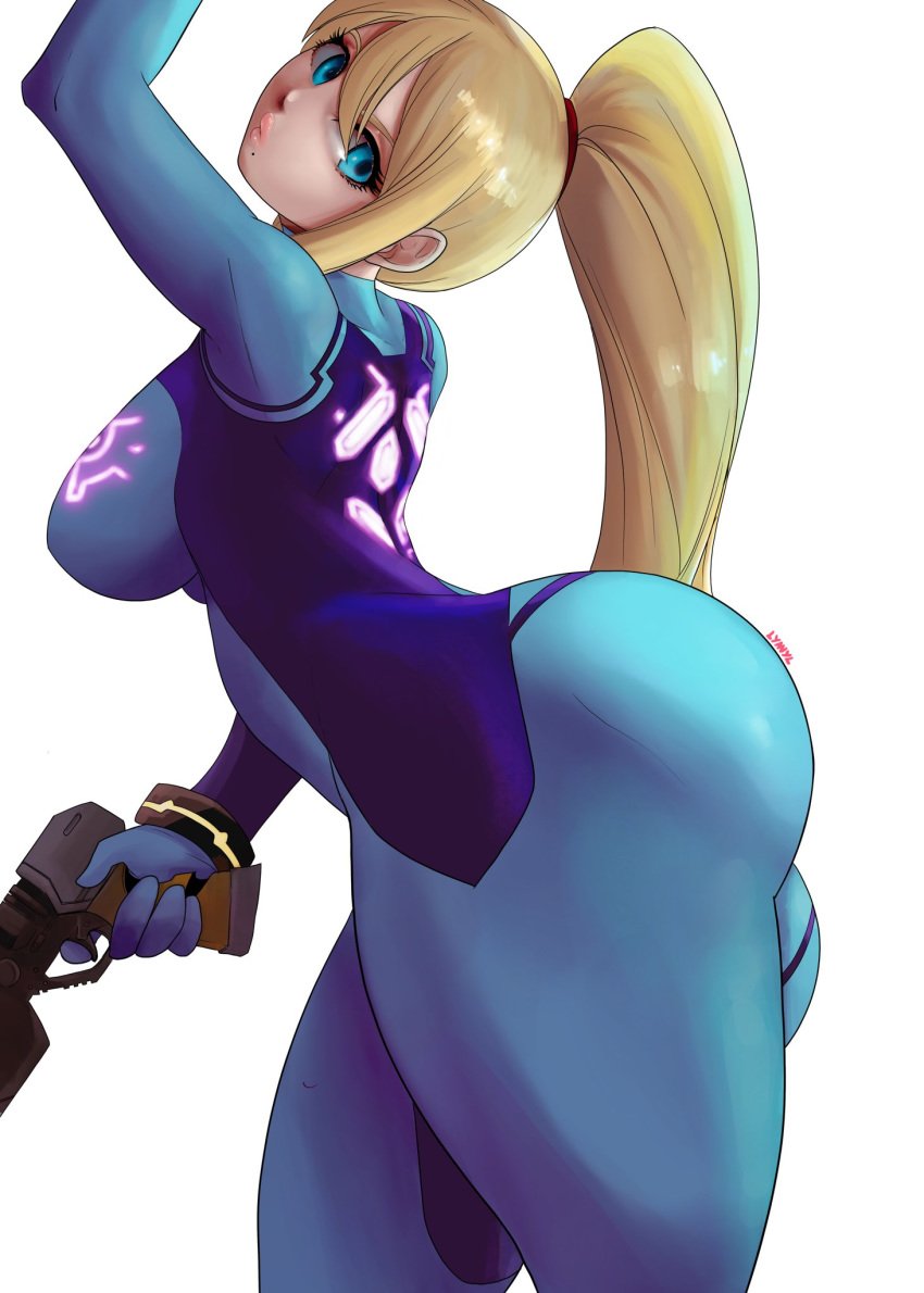 1girls bimbo blonde_hair blue_eyes dat_ass female female_only gun huge_ass large_breasts long_hair looking_at_viewer lyn_nyl metroid nintendo ponytail samus_aran sideboob thick thick_thighs thighs tight_clothes zero_suit zero_suit_samus