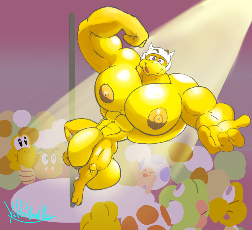 absurd_res anthro army_hammer_bro balls big_balls big_muscles big_penis dancing genitals goomba hammer_bros. hi_res huge_cock huge_muscles hyper hyper_muscles koopa_troopa male male_focus male_only mario_(series) muscular nintendo penis pole pole_dancing scalie video_games yaboivanillo