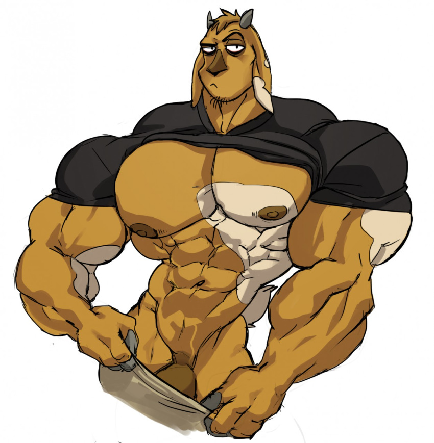 1male abs anthro beefy body_fur chin_pubes clothed daddy dick_root digby_the_goat_(character) facial_hair flaccid goat goat_ears horns looking_at_viewer male_nipples male_only manly masculine muscular_male open_pants pecs pectorals penis pulling_down_pants remert shirt_lift smooth_fur solo t-shirt tough_guy