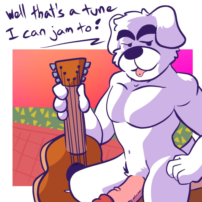 1:1 animal_crossing anthro canid canine canis dialogue digital_media_(artwork) domestic_dog erection fizzyjay fur genitals hi_res k.k._slider looking_at_viewer male male_only mammal musical_instrument nintendo nude penis smile solo video_games