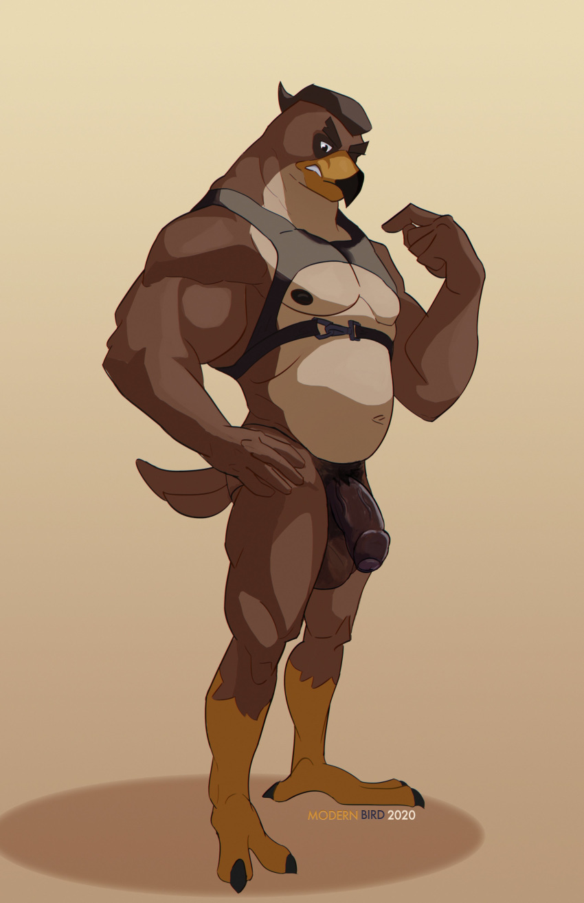 absurd_res anthro avian balls ducktales ducktales_(2017) falcon_graves genitals harness hi_res male male_only modern_bird mostly_nude muscular nipples overweight penis solo standing tagme uncut