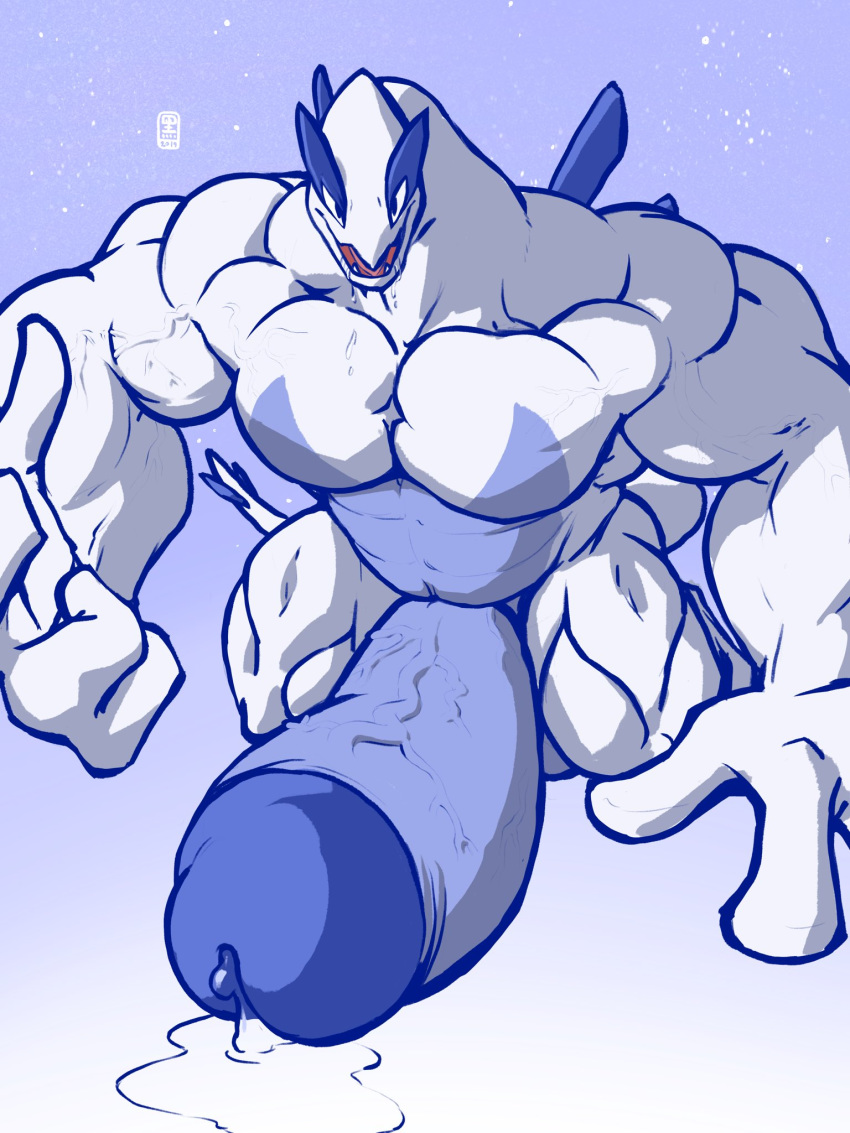 3:4 anthro big_muscles big_penis cum_leaking fist genitals hi_res huge_cock huge_muscles hyper hyper_genitalia hyper_muscles hyper_penis legendary_pokémon looking_at_viewer lugia male muscular nintendo penis pokemon pokemon_(species) shenaniwhagons solo video_games