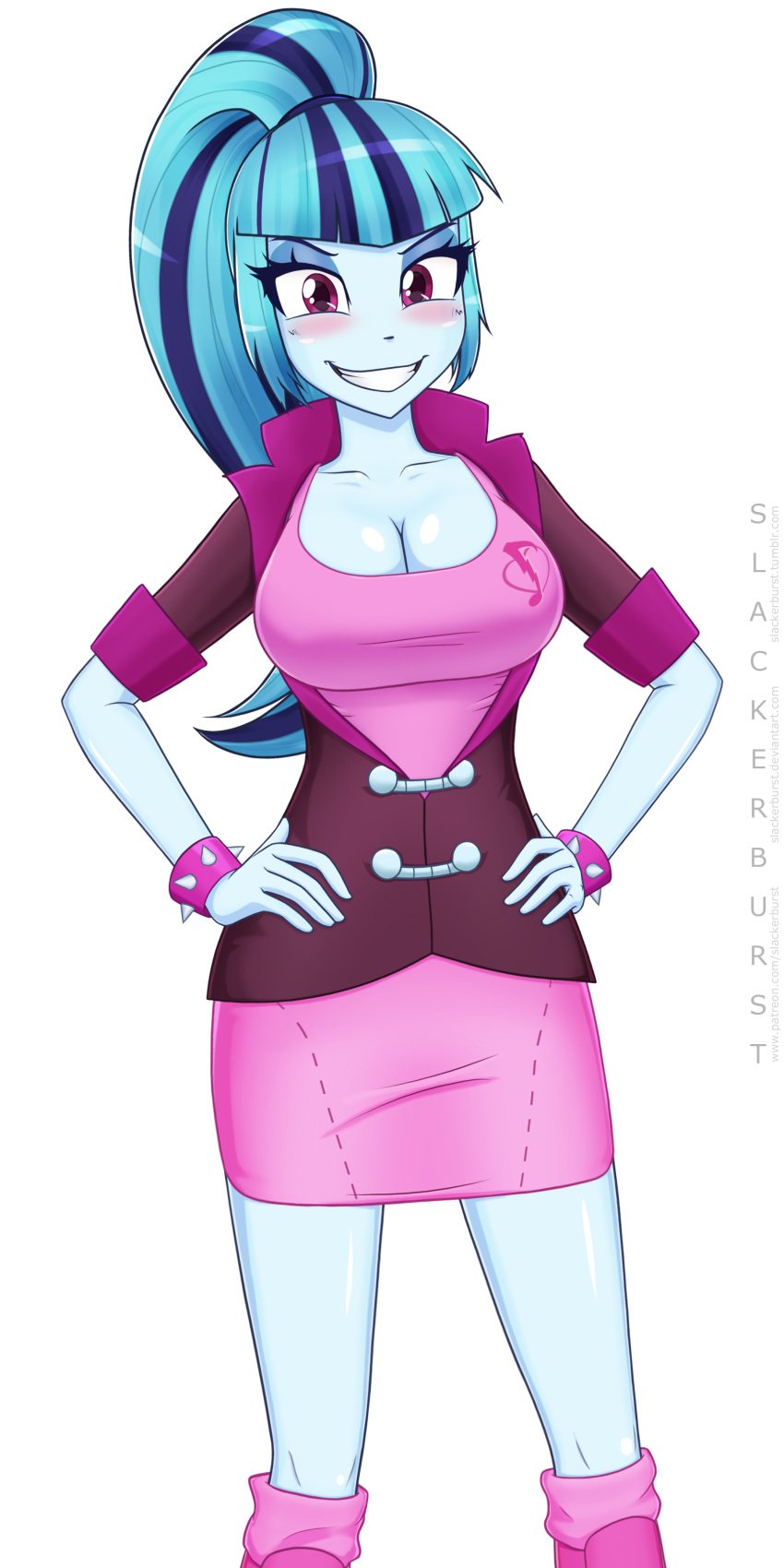 big_breasts blue_hair blue_skin breasts cleavage equestria_girls humanized miniskirt my_little_pony ponytail purple_eyes slackerburst sonata_dusk spiked_bracelet tagme