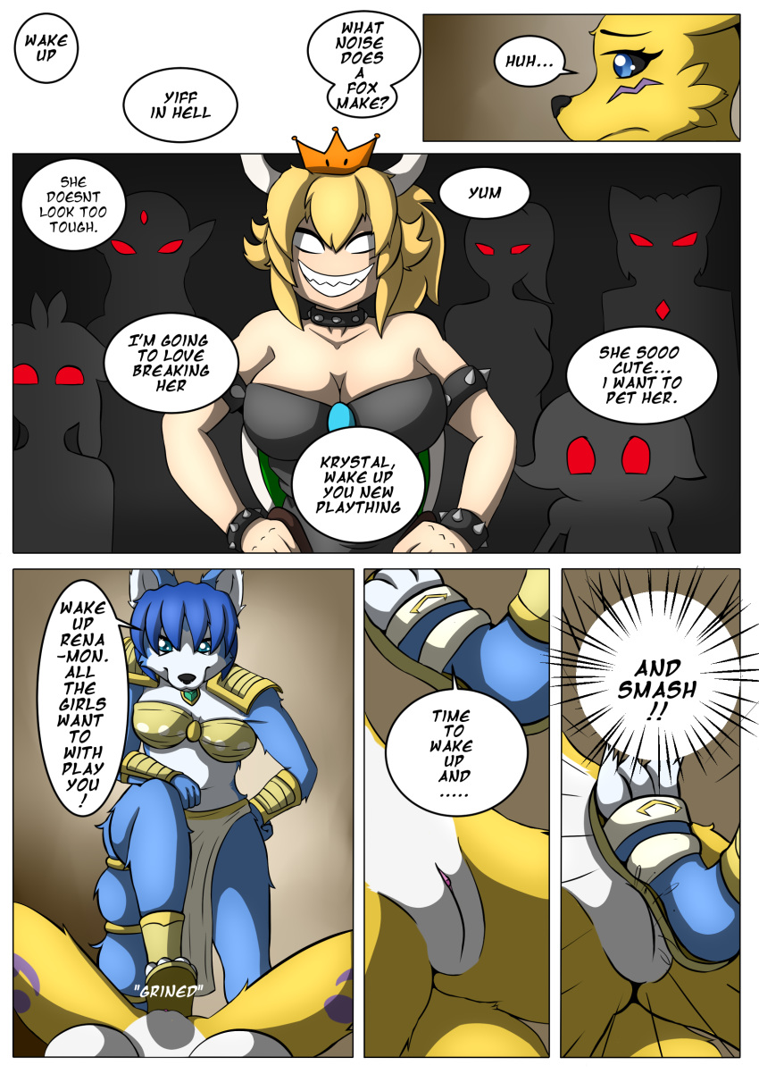 absurd_res anthro bottomless bowsette canid canine clitoris clothed clothing comic crimellgrim crown digimon digimon_(species) english_text female female/female female_footjob fox genderswap genitals hi_res joykill joykill_(artist) krystal mammal mario_(series) new_super_mario_bros._u_deluxe nintendo pussy renamon spread_legs spreading star_fox stepping_on_genitals stomping super_crown super_smash_bros. text video_games yuri