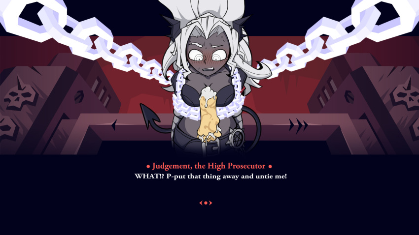 1girls blush bondage captured chained cream dark_skin demon demon_girl demon_tail female female_only grey_skin helltaker horns judgement_(helltaker) looking_down pancake ponytail shocked surprised sweatdrop tail white_eyes white_hair zlasova