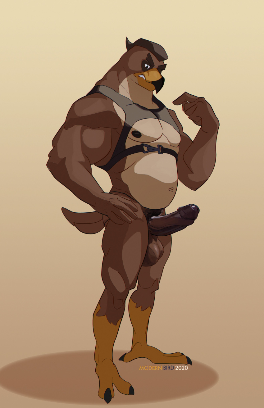 absurd_res anthro avian balls ducktales ducktales_(2017) erection falcon_graves genitals harness hi_res male male_only modern_bird mostly_nude muscular nipples overweight penis solo standing tagme uncut