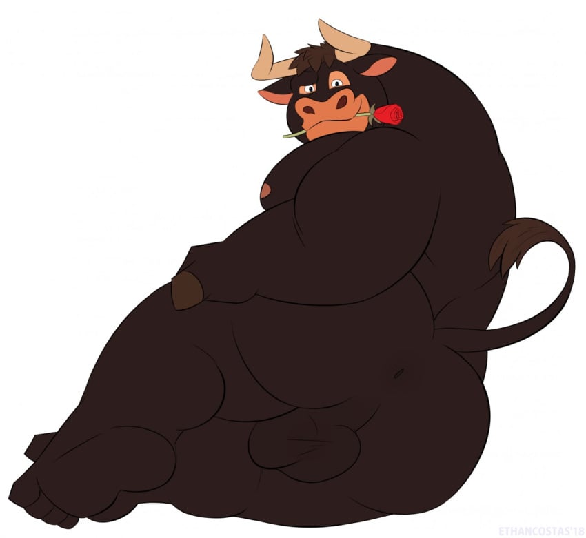 anus ass balls big_ass black_body bull ferdinand_(film) ferdinand_the_bull furry looking_back lying male male_only overweight overweight_male penis rose rose_(flower) smile solo tail wanting_sex