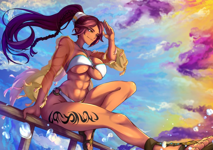 bikini bleach bleach:_the_thousand-year_blood_war breasts dark-skinned_female dark_skin feet female female_focus highres large_breasts long_hair o-ring o-ring_bikini o-ring_bottom o-ring_top ponytail purple_hair sandals shihouin_yoruichi sitting smile solo strapless strapless_bikini swimsuit toeless_footwear toes underboob white_bikini