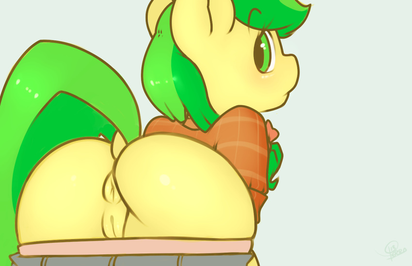 2013 anus apple_fritter_(mlp) ass back_turned clothed clothing equine female feral friendship_is_magic green_eyes green_hair hair horse looking_at_viewer looking_back my_little_pony plain_background pony presenting presenting_hindquarters pussy shirt short_hair signature skirt solo terrabutt white_background yellow_fur